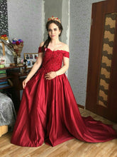 Load image into Gallery viewer, G130 (10) Wine Red Satin Off Shoulder trail Ball gown, Size (XS-30 to XL-40)