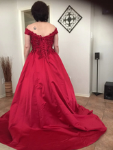 Load image into Gallery viewer, G130 (10) Wine Red Satin Off Shoulder trail Ball gown, Size (XS-30 to XL-40)