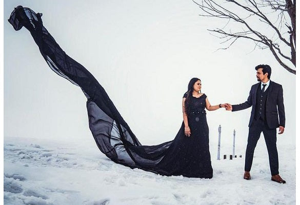 G100 12 Black Long Trail Prewedding Shoot Gown Size All Style Icon www.dressrent.in