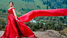 Load image into Gallery viewer, G130 (10), Wine Red Satin Off Shoulder Trail Ball gown, Size (XS-30 to XL-40)