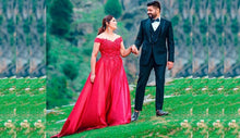 Load image into Gallery viewer, G130 (10) Wine Red Satin Off Shoulder trail Ball gown, Size (XS-30 to XL-40)