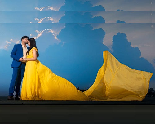 G178 (2), Yellow prewedding Shoot Long Trail Gown, Size(All) – Style Icon  www.dressrent.in