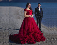 Load image into Gallery viewer, G123, Luxury Wine Puffy Cloud Trail Big Ball Gown, Size (XS-30 to L-38)