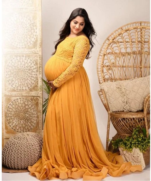 G745, Mustard Maternity Shoot Baby Shower Trail Lycra Fit Gown