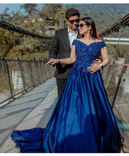 Load image into Gallery viewer, G132 (4), Navy Blue Satin Off Shoulder Trail Ball gown, Size (XS-30 to XL-40)