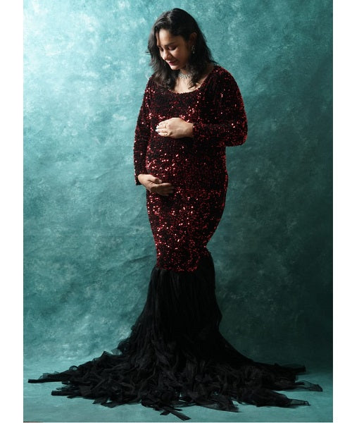 chinese dress ladies G421, Black & Wine Top Sequence with Bottom Lace Cutout Maternity Trai –  Style Icon www.dressrent.in