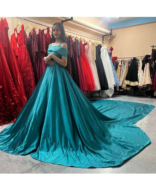 G478 , Sea Green Satin Maternity Shoot Long Trail Gown, Size (All)pp   Style Icon www.dressrent.in