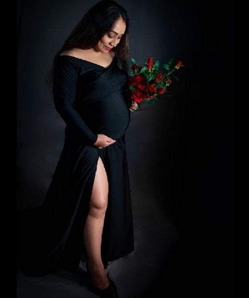 G106 (3), Black Slit Cut Maternity Shoot Trail Baby Shower Gown, Size( –  Style Icon www.dressrent.in