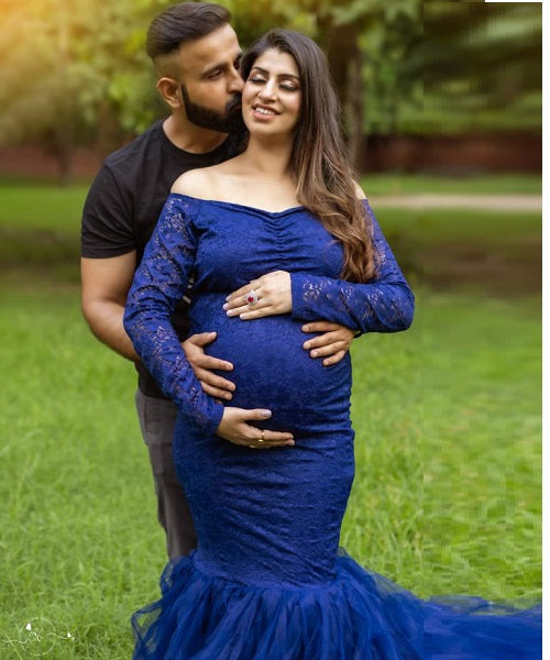 G221, Navy Blue Fish Cut Maternity Shoot Baby Shower Gown, Size(All) – Style Icon
