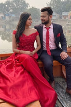 Load image into Gallery viewer, G130 (10) Wine Red Satin Off Shoulder trail Ball gown, Size (XS-30 to XL-40)