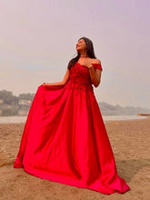 Load image into Gallery viewer, G130 (10) Wine Red Satin Off Shoulder trail Ball gown, Size (XS-30 to XL-40)