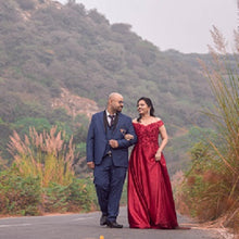 Load image into Gallery viewer, G130 (10) Wine Red Satin Off Shoulder trail Ball gown, Size (XS-30 to XL-40)