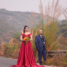 Load image into Gallery viewer, G130 (10), Wine Red Satin Off Shoulder Trail Ball gown, Size (XS-30 to XL-40)