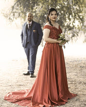 Load image into Gallery viewer, G130 (10) Wine Red Satin Off Shoulder trail Ball gown, Size (XS-30 to XL-40)