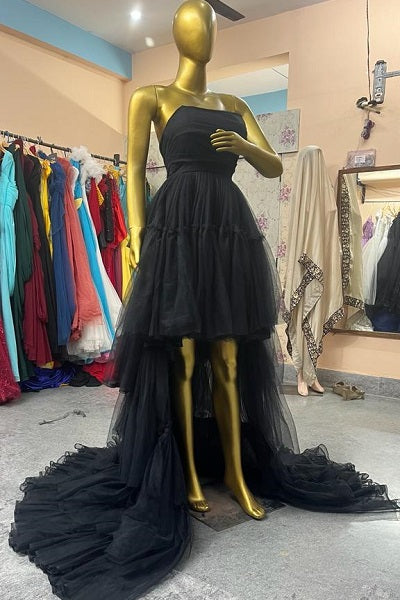 G1040 ,Black Front Short Long Back Trail Gown, Size