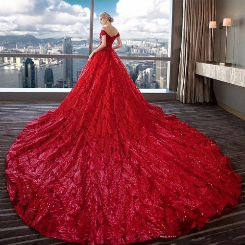 Red Long Gown G226,(3) Red Luxury Feather Pattern Off-Shoulder