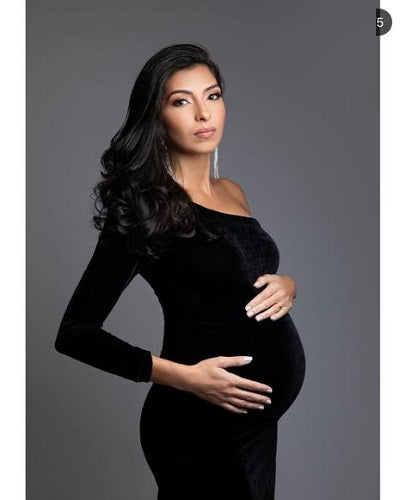 G320 ,Black Slit Cut One Shoulder Maternity Shoot Trail Gown, (Size Al –  Style Icon www.dressrent.in