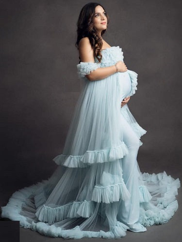 G325, Ice Blue Ruffled Maternity Shoot Gown, Size (ALL)p  Style Icon  www.dressrent.in