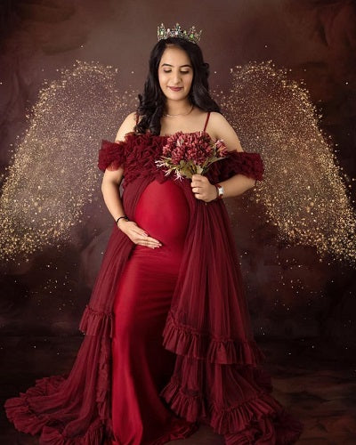 G825,Dark Wine Ruffled Maternity Shoot Trail Gown, Size (ALL)pp – Style  Icon www.