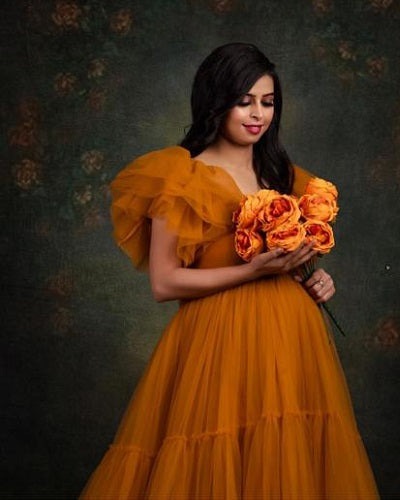 strapless open back dress G354, Burnt Orange Frill Maternity Shoot Trail Gown, Size (ALL)pp – Style  Icon www.dressrent.in