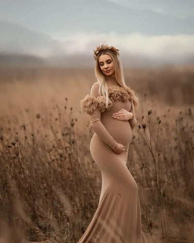 G1048, Saddle Brown Body Fit Maternity Shoot Trail Gown, Size (ALL)p –  Style Icon www.dressrent.in