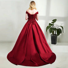 Load image into Gallery viewer, G130 (10) Wine Red Satin Off Shoulder trail Ball gown, Size (XS-30 to XL-40)