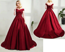 Load image into Gallery viewer, G130 (10) Wine Red Satin Off Shoulder trail Ball gown, Size (XS-30 to XL-40)