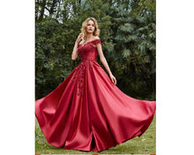 Load image into Gallery viewer, G130 (10) Wine Red Satin Off Shoulder trail Ball gown, Size (XS-30 to XL-40)