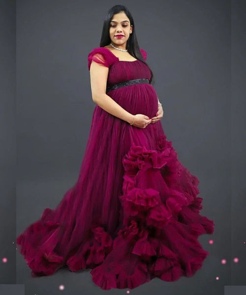 G648(2), Dark Magenta Puffy Maternity Shoot Baby Shower Trail Gown, Si