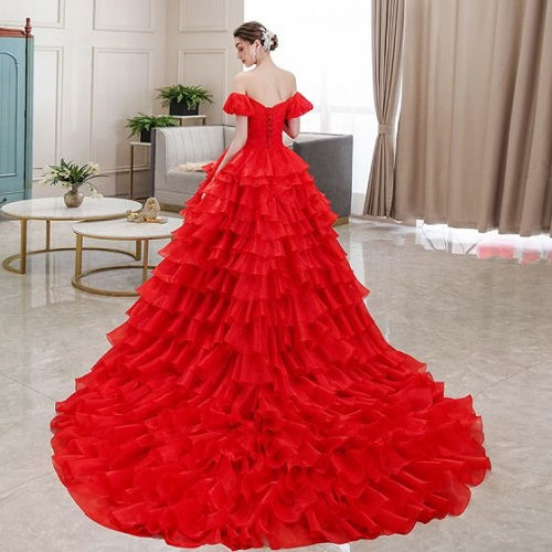 luxury red dress G340, Luxury Red Short Front Long Back Trail Ball Gown, Size (All)PP – Style Icon www.dressrent.in