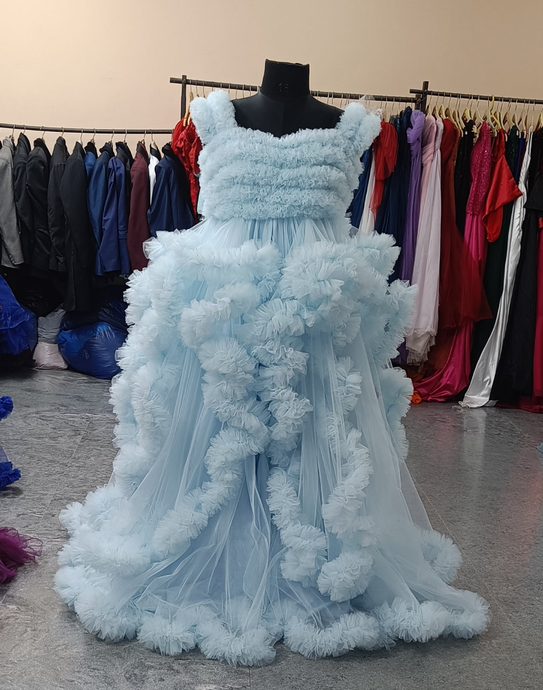 G2056,sky Blue Ruffled Slit Cut Maternity Shoot Trail Gown With Inner, Size (All)pp