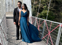 Load image into Gallery viewer, G838, rama green Slit Cut Long Trail Prewedding Shoot Gown Size(All)