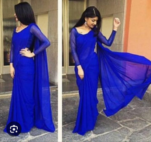 Load image into Gallery viewer, L101, blue Georgette Prewedding Shoot Long Trail  Saree, Size (XS-30 to L-38)