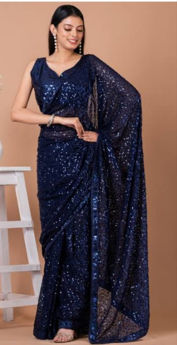 L103, blue Sequence Luxury Party Wear  Saree, Size (XS-30 to L-38)