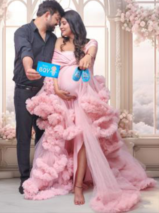 G2055, pink Peach Luxury Ruffled Maternity Shoot Trail Gown, Size (All)pp