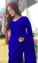 Load image into Gallery viewer, L101, blue Georgette Prewedding Shoot Long Trail  Saree, Size (XS-30 to L-38)