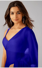 Load image into Gallery viewer, L101, blue Georgette Prewedding Shoot Long Trail  Saree, Size (XS-30 to L-38)