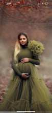 Load image into Gallery viewer, G4023, Olive Green Frilled Maternity Shoot Trail Gown, Size (All)