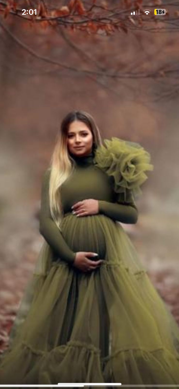 G4023, Olive Green Frilled Maternity Shoot Trail Gown, Size (All)