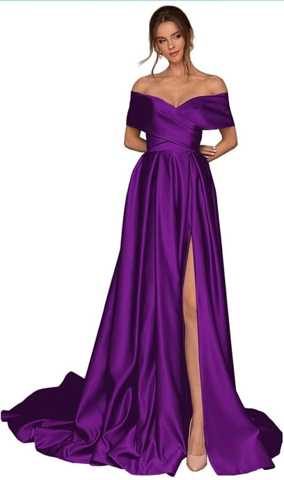 G907,Dark purple Satin Slit Cut Shoot Gown, Size (All)pp