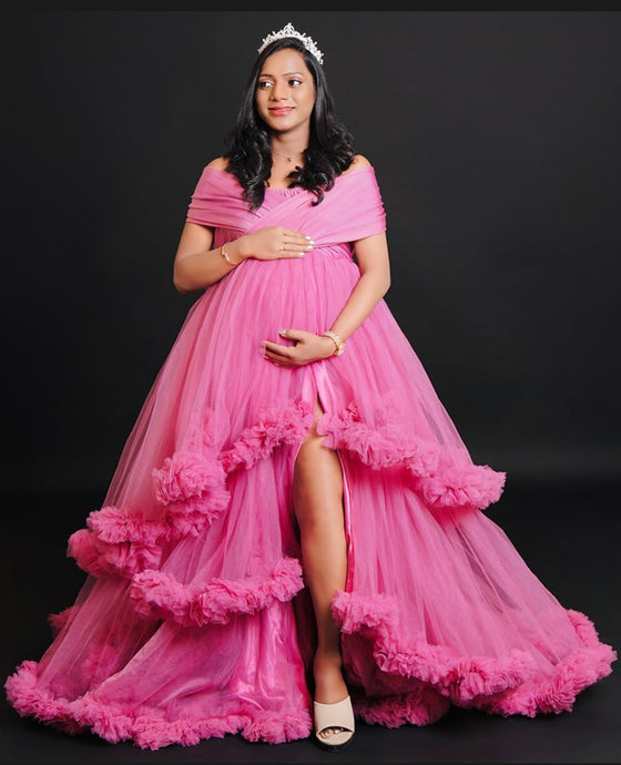 G1082, pink Ruffled Maternity Shoot Trail Gown, Size(All)pp