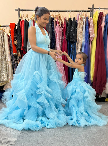 G2126, Ice Blue mother daughter Slit Cut Frilled Shoot Trail Gown With Inner, Size (All)