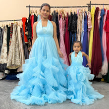 Load image into Gallery viewer, G2126, Ice Blue mother daughter Slit Cut Frilled Shoot Trail Gown With Inner, Size (All)