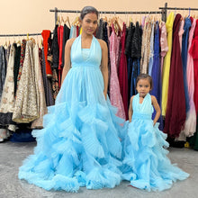 Load image into Gallery viewer, G2126, Ice Blue mother daughter Slit Cut Frilled Shoot Trail Gown With Inner, Size (All)