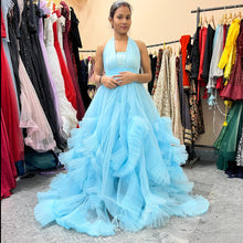 Load image into Gallery viewer, G2126, Ice Blue mother daughter Slit Cut Frilled Shoot Trail Gown With Inner, Size (All)