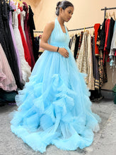 Load image into Gallery viewer, G2126, Ice Blue mother daughter Slit Cut Frilled Shoot Trail Gown With Inner, Size (All)