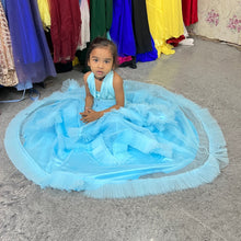 Load image into Gallery viewer, G2126, Ice Blue mother daughter Slit Cut Frilled Shoot Trail Gown With Inner, Size (All)