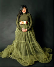 Load image into Gallery viewer, G4023, Olive Green Frilled Maternity Shoot Trail Gown, Size (All)