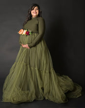 Load image into Gallery viewer, G4023, Olive Green Frilled Maternity Shoot Trail Gown, Size (All)