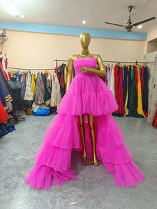 G940, Hot Pink Layered Front Short Long Trail Ball Gown,  Size - (All Sizes)